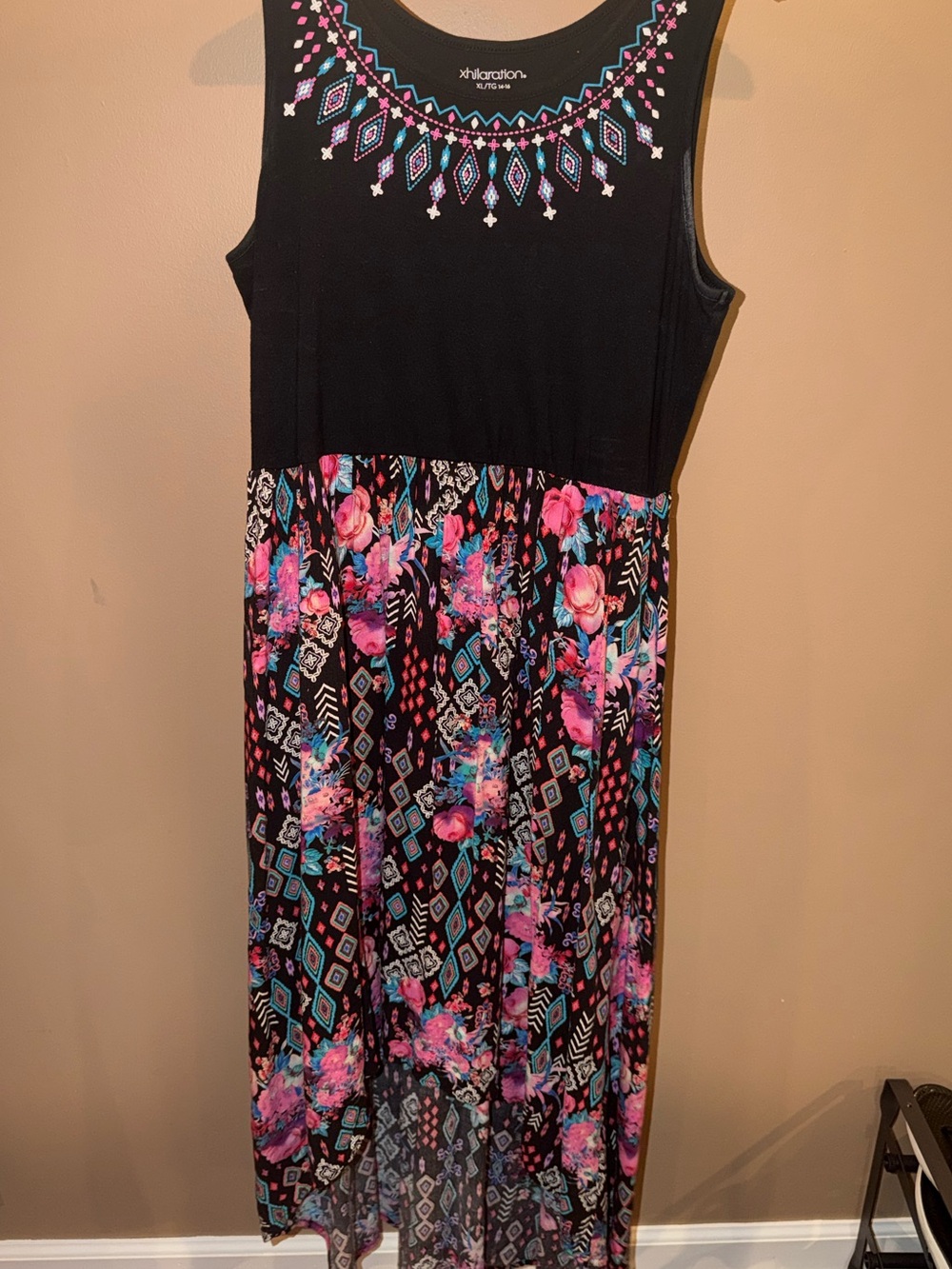 Xhilaration Black Maxi Dress with Pink & Teal Floral Geometric Skirt